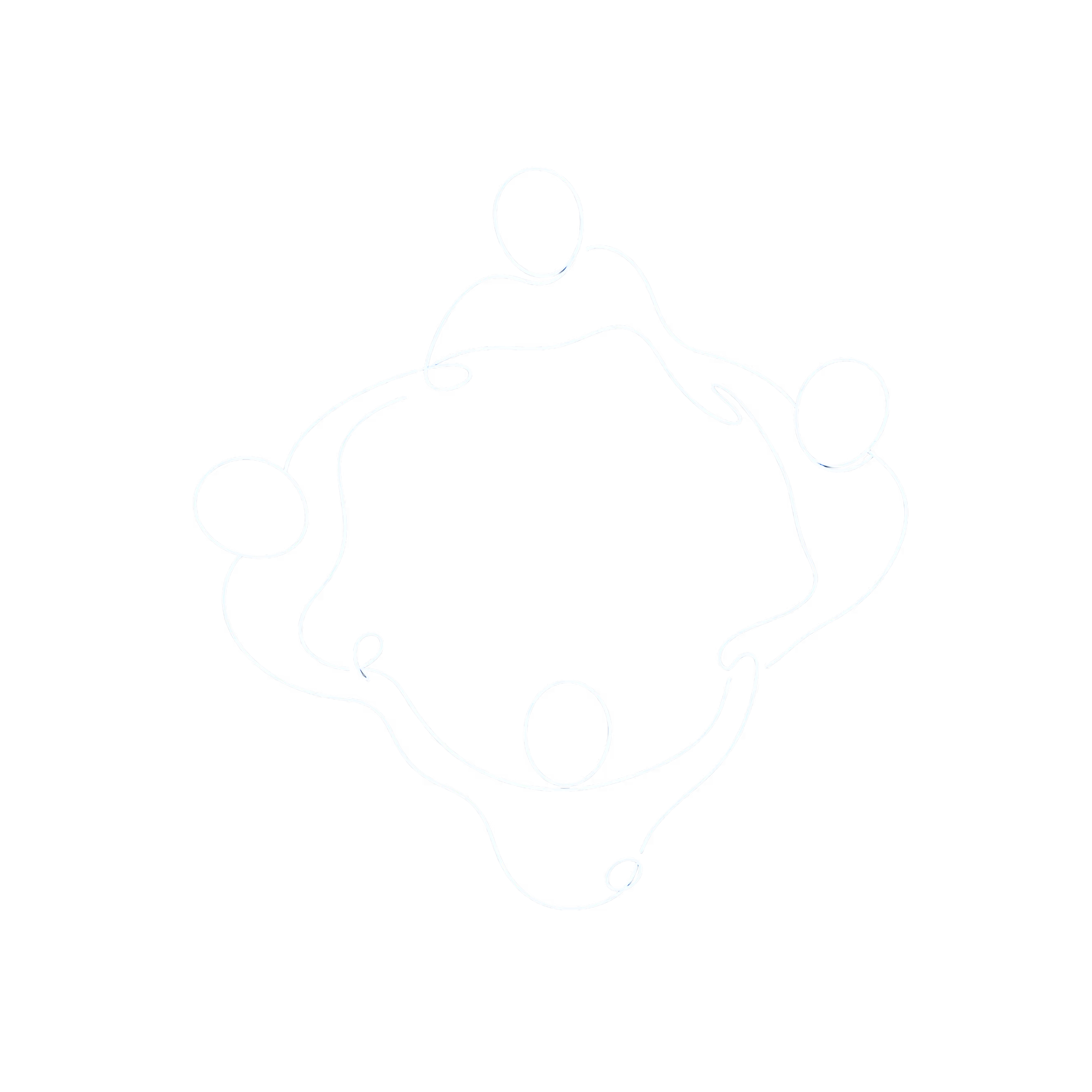 Abstract line drawing of four people holding hands in a circle on a black background.