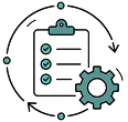 Checklist with three checked items and a gear icon surrounded by circular arrows representing process automation.