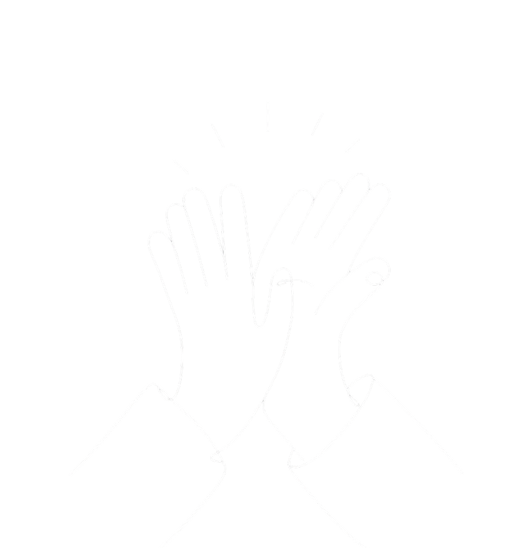 White line drawing of two hands clapping on a black background with motion lines above.