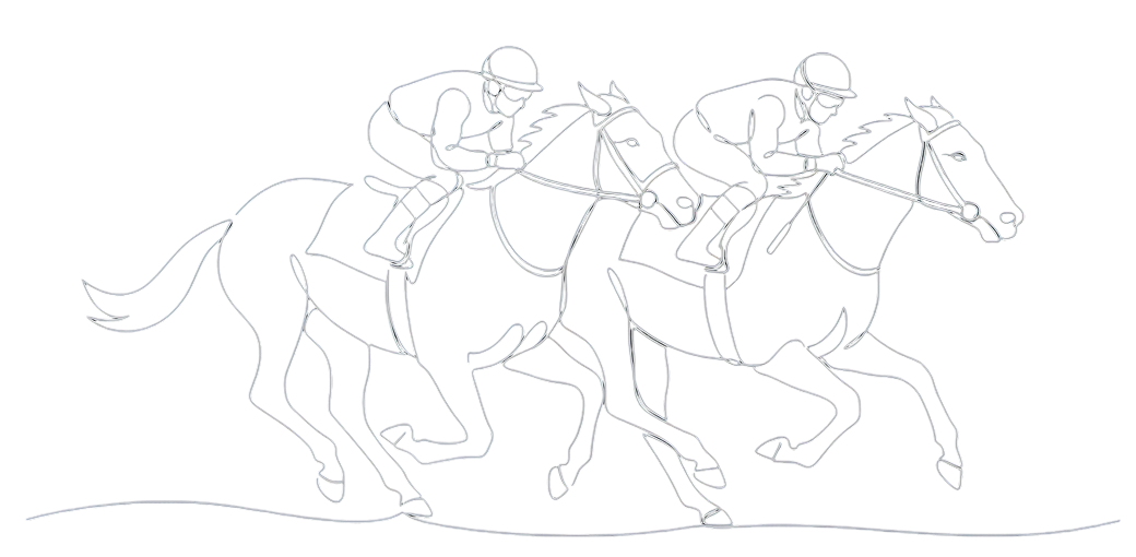 Line drawing of two jockeys riding galloping horses side by side.