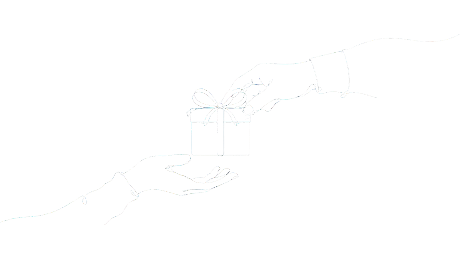 Line drawing of one hand giving a gift box tied with a bow to another open hand.