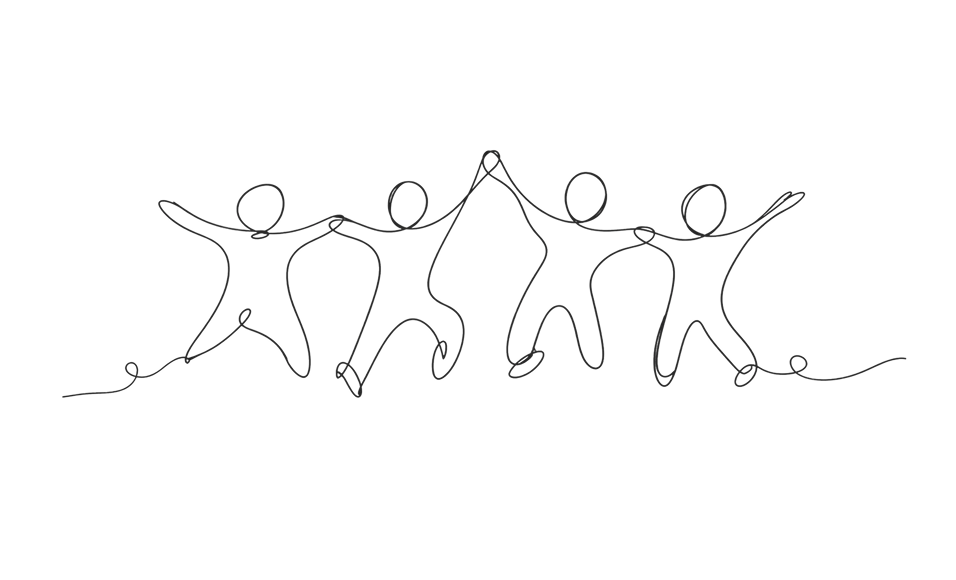 Line drawing of five stick figures holding hands and jumping in a row.