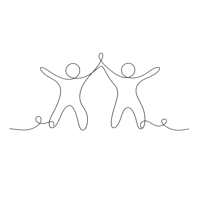 Two abstract human figures holding hands drawn with a single continuous black line.
