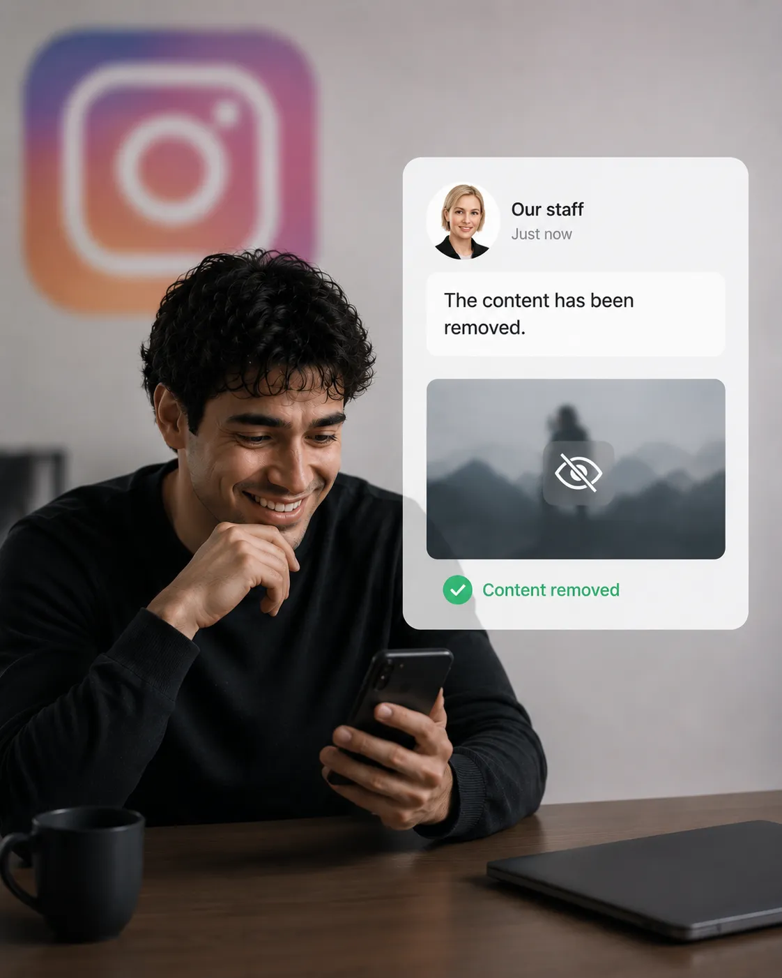 man is satisfied with the face content removal on instagram
