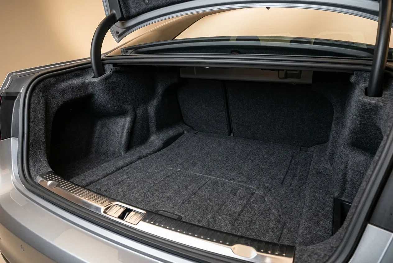 Open empty car trunk with dark gray carpet lining and silver trim on the edge.
