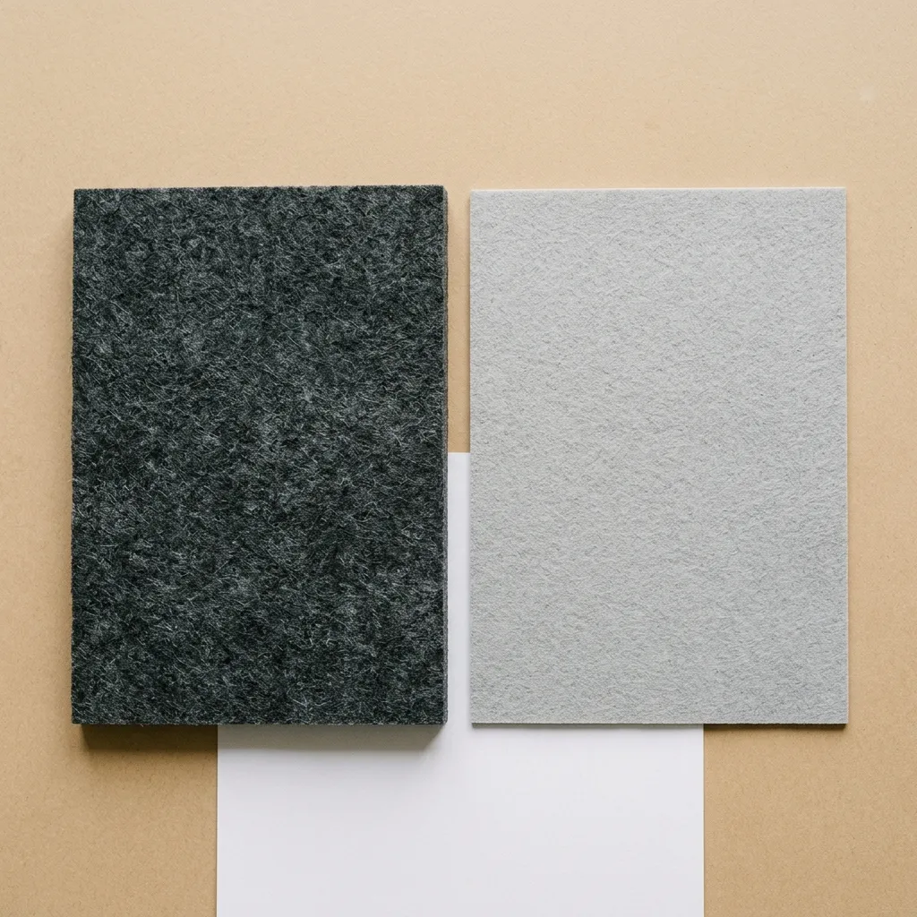 Two textured rectangular swatches, one dark gray, one light gray, on beige and white background.