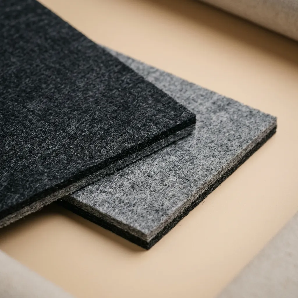 Two rectangular pieces of textured felt fabric, one black and one gray, stacked on a beige surface.