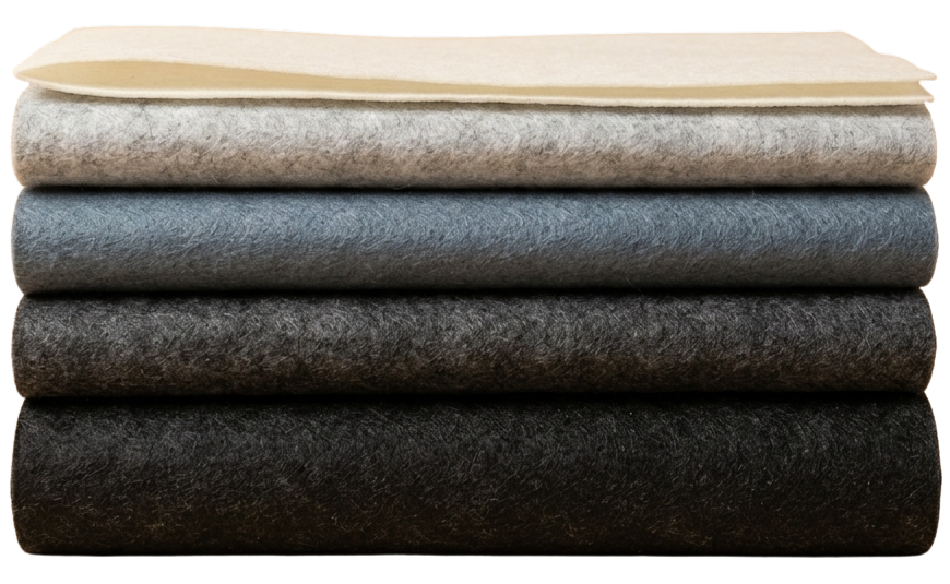 Stack of rectangular felt fabric pieces in white, grey, blue, and black laid overlapping.