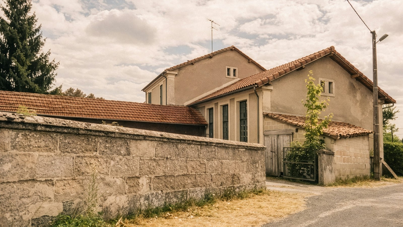 École primaire de village en France, mur de pierre et toits de tuiles : secteur des OGEC, enseignement catholique