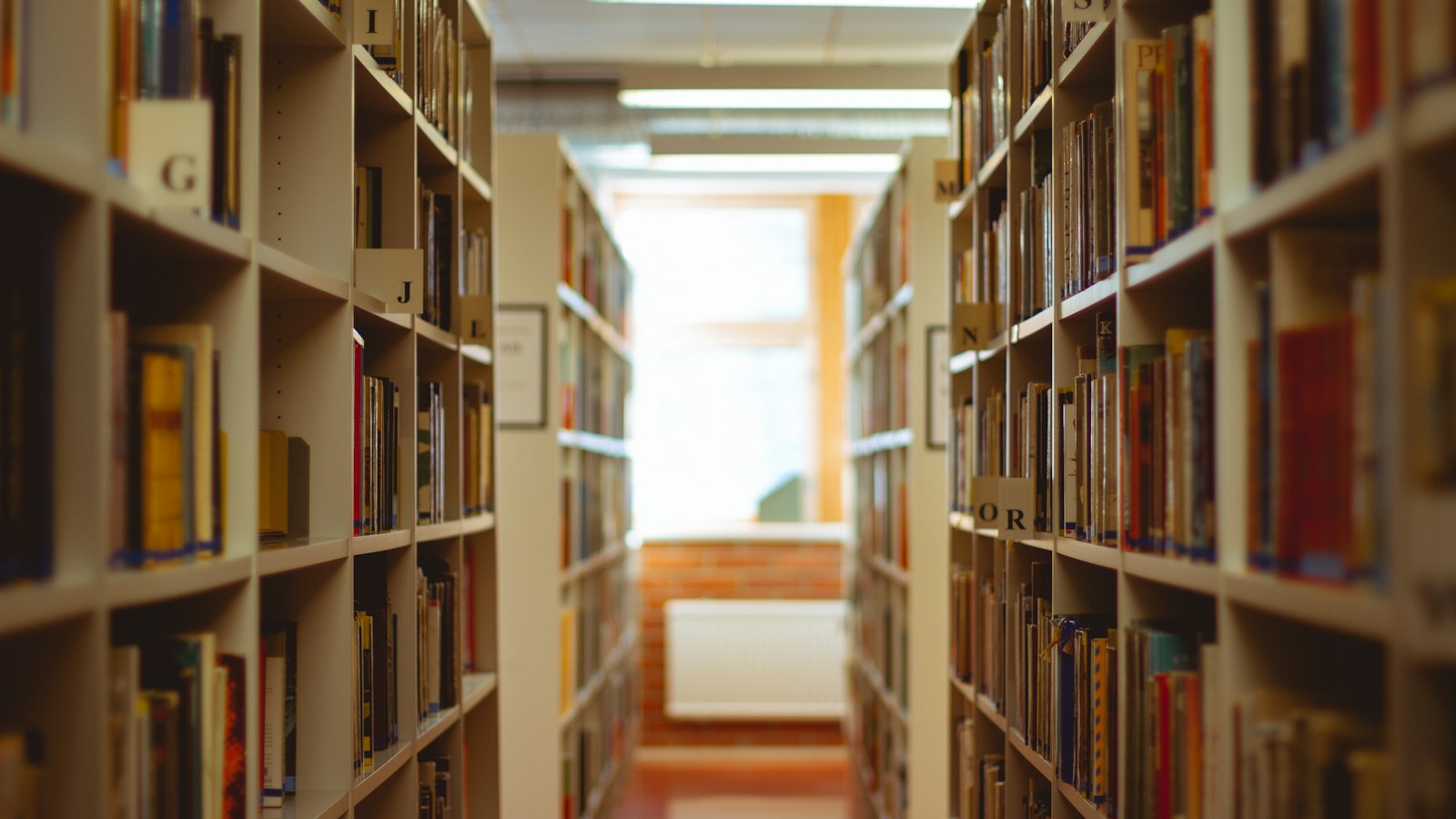 Rayonnages de livres d'une bibliothèque, allée centrale en perspective : ressources documentaires pour les OGEC
