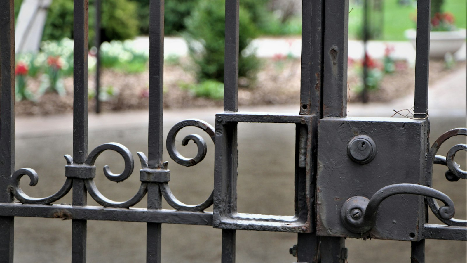 Grille en fer forgé fermée, serrure au premier plan, jardin flou : incapacités d'exercer et contrôle d'honorabilité