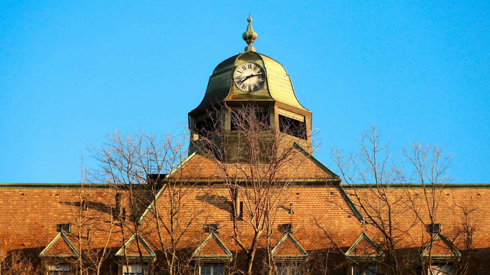 Clocheton à horloge d'une école ancienne, arbres nus en hiver : aménagement du temps de travail sur l'année scolaire
