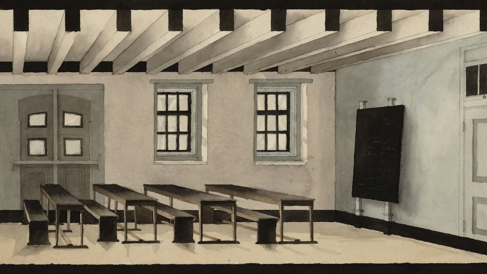 Salle de classe ancienne, pupitres en bois et tableau noir : formations en droit du travail destinées aux OGEC