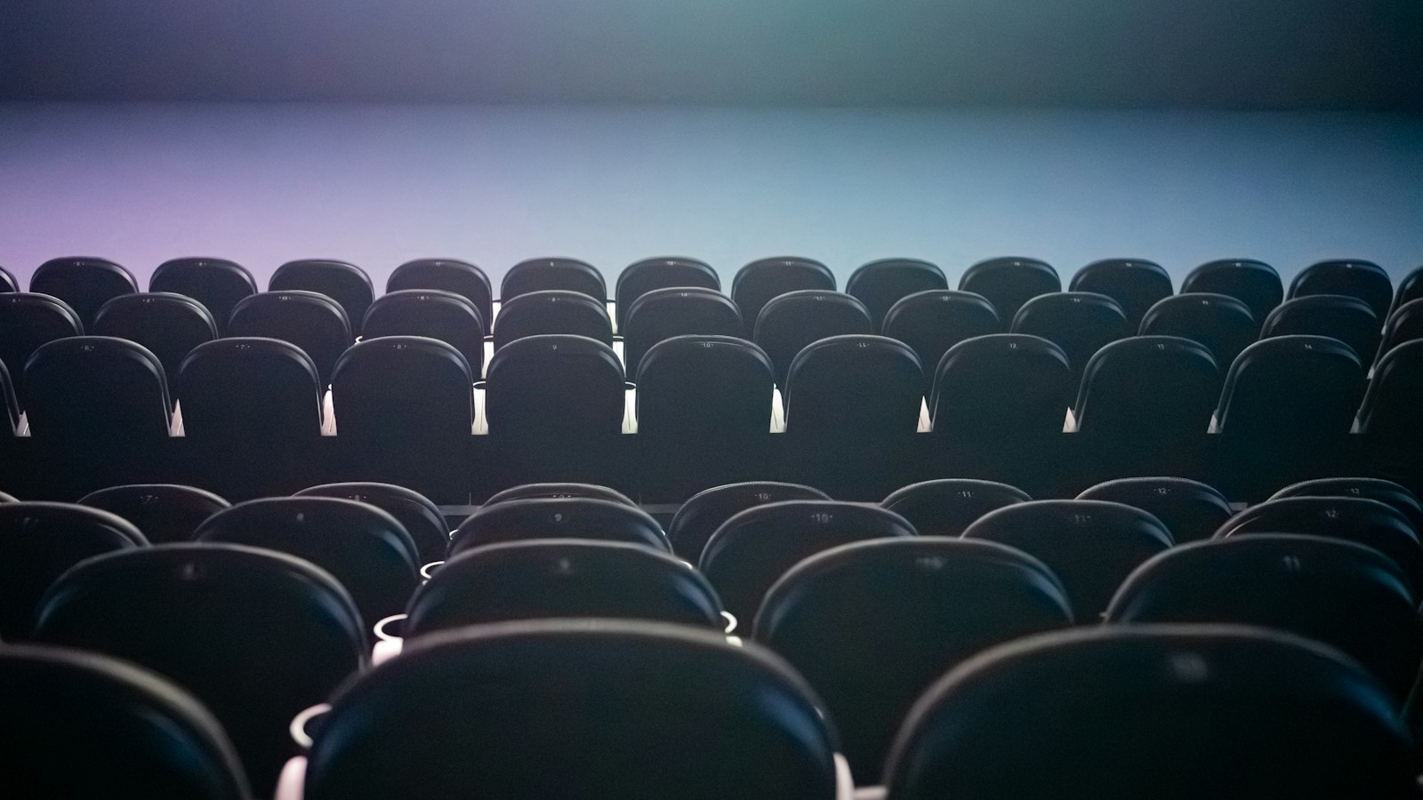 Fauteuils de cinéma vides sous un éclairage bleuté : le lexique social de l'exploitation cinématographique