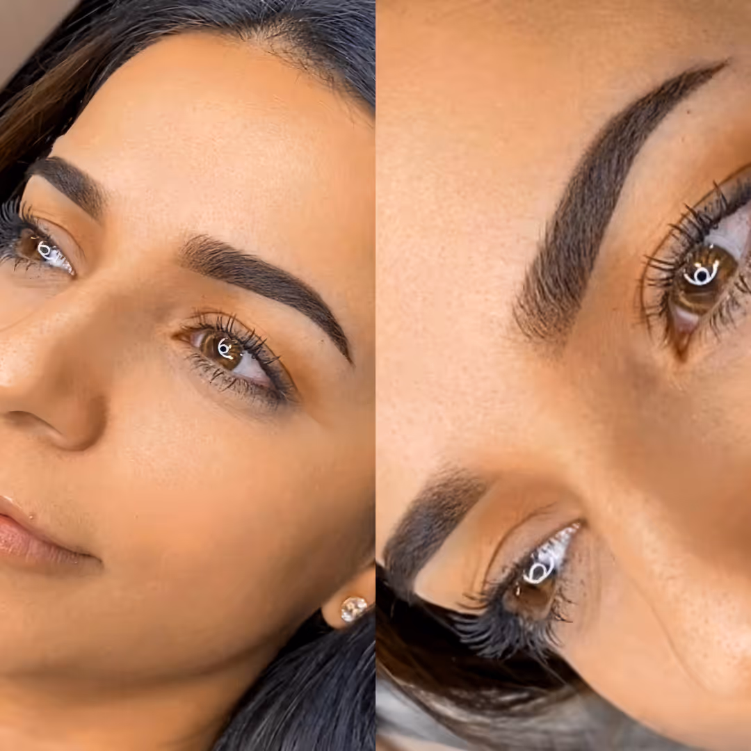 Close-up of a woman’s well-groomed, filled-in eyebrows and long eyelashes in two side-by-side views.