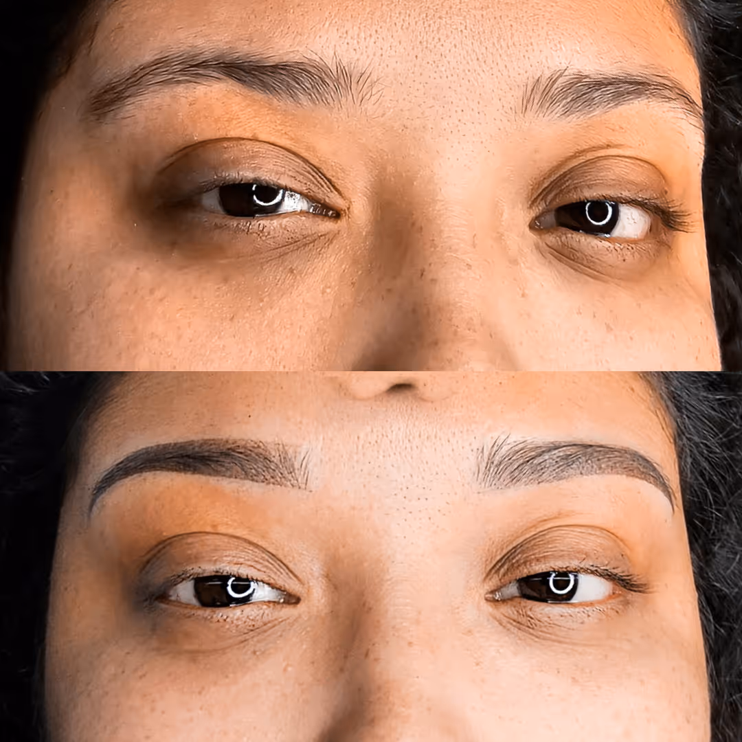 Close-up of a woman's eyes before and after eyebrow ombre powder treatment showing fuller brows.