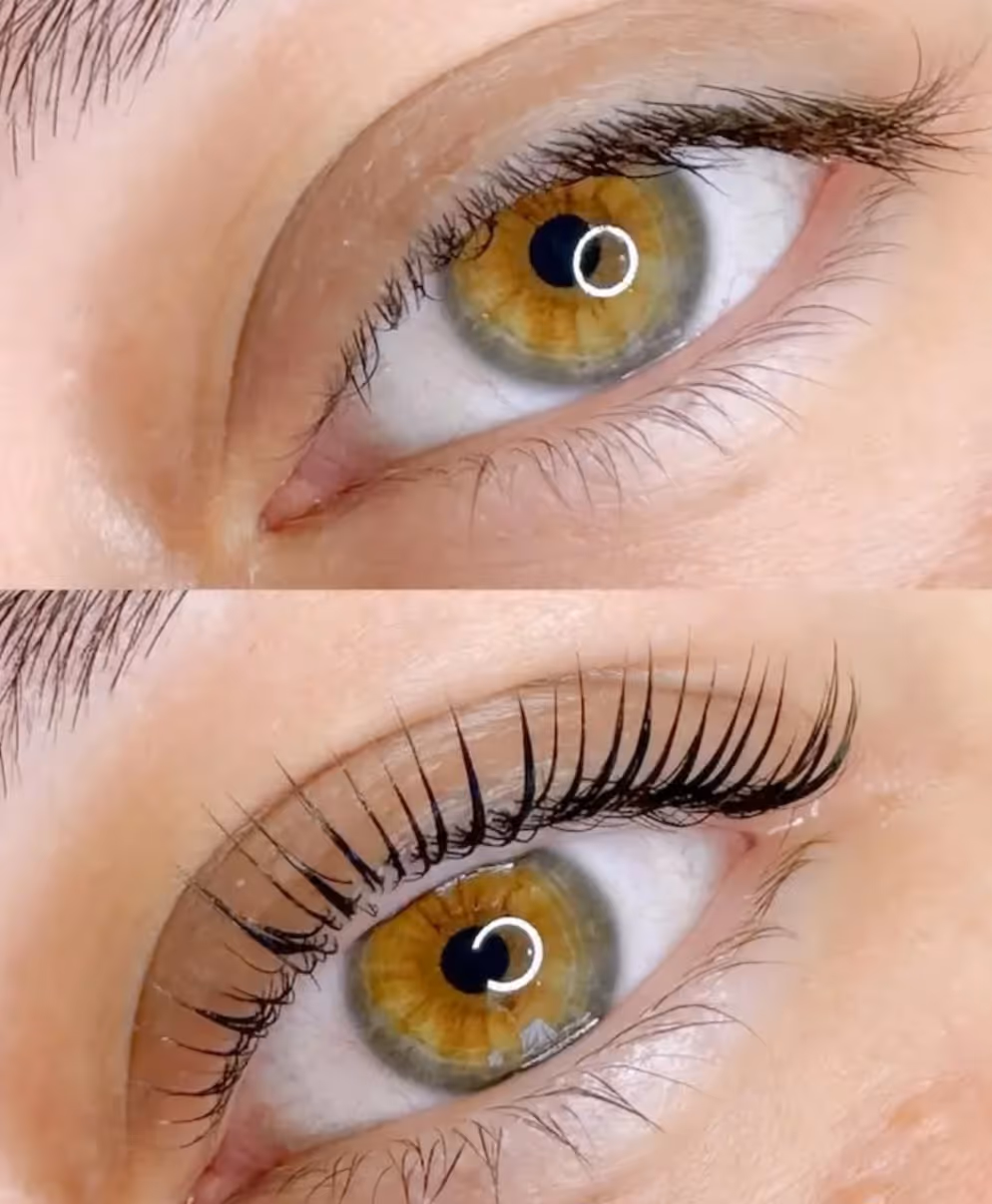 Close-up of eye before and after lash lift showing longer, curled eyelashes in the after image.