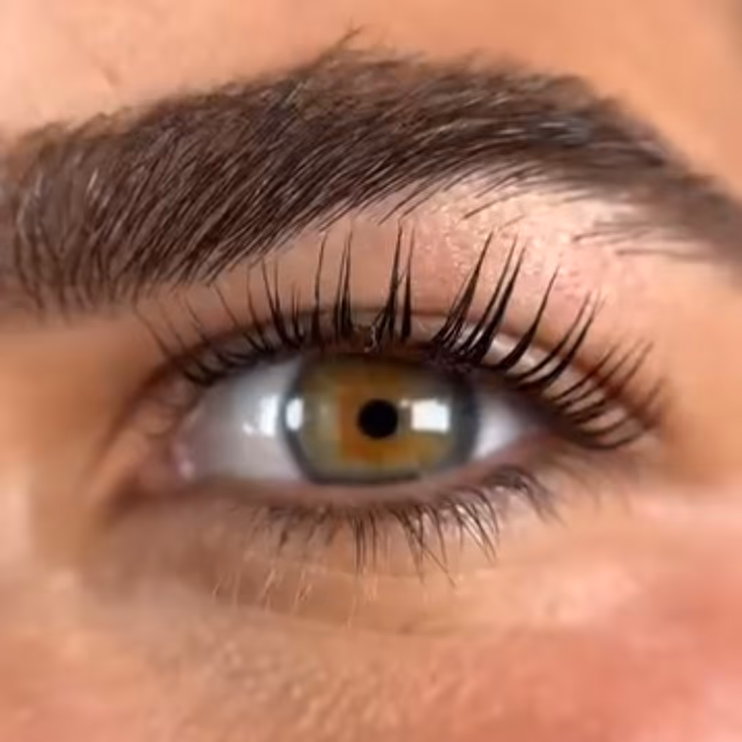 Close-up of an eye with lifted, long eyelashes and well-groomed dark eyebrow.