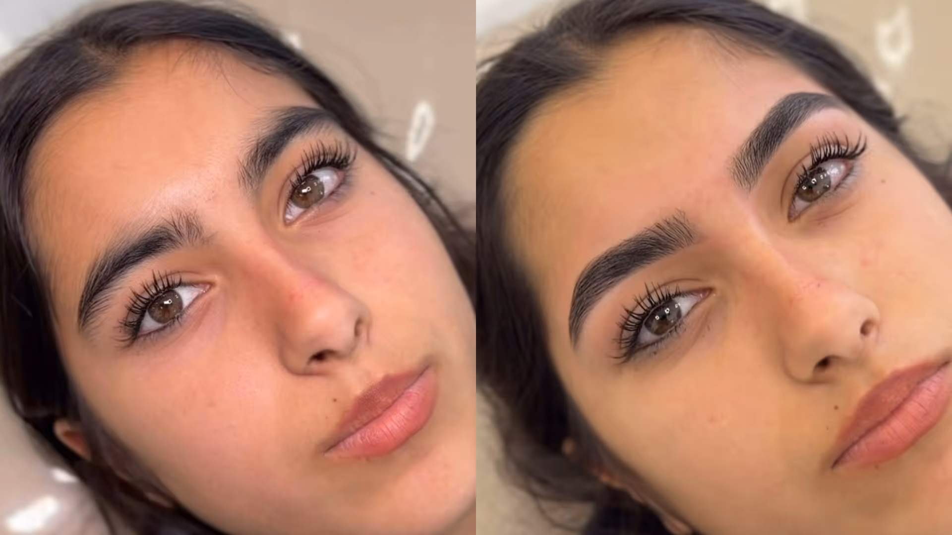 Side-by-side close-up of a woman's face before and after eyebrow shaping and grooming.