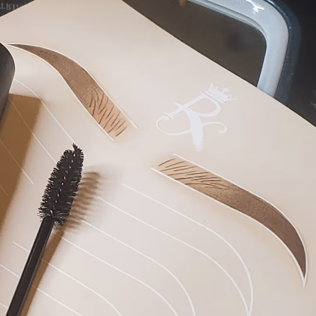 Eyebrow stencil card with brown eyebrow shapes and a black mascara spoolie brush.