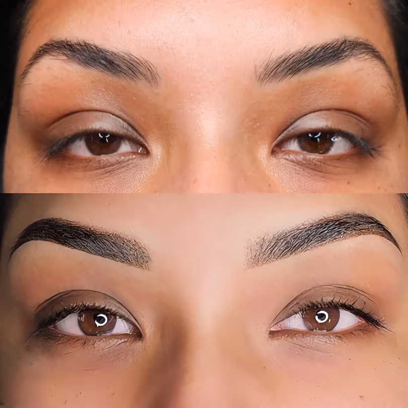 Close-up of eyes and eyebrows before and after microblading correction with fuller, shaped brows.