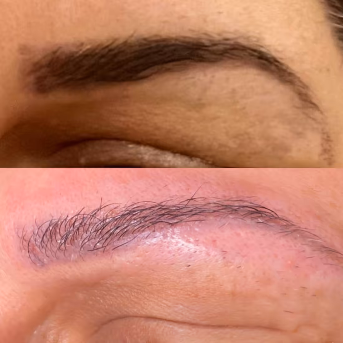 Before and after close-up of an eyebrow showing fuller and darker hair in the after image.