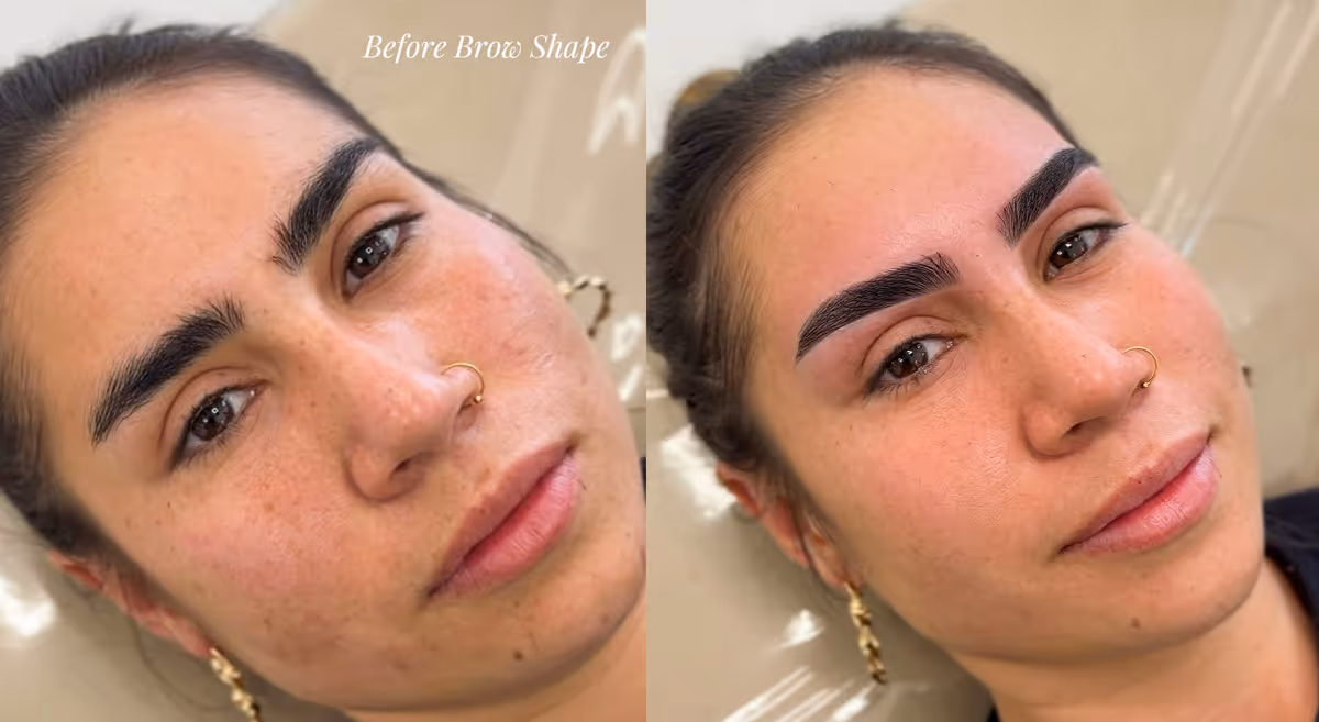Side-by-side before and after eyebrow shaping on a woman with a nose ring and gold earrings.