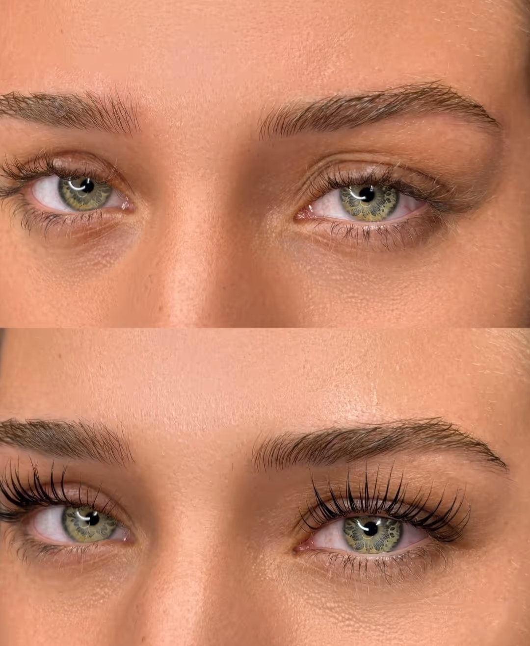 Close-up of green eyes before and after lash lift, showing natural lashes and curled longer lashes.