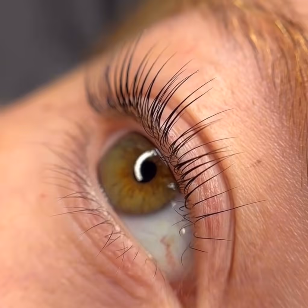 Close-up of an eye with long, curled eyelashes and a greenish-brown iris.