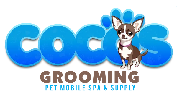 Logo with large blue text 'cocos' featuring a small cartoon Chihuahua and paw print.