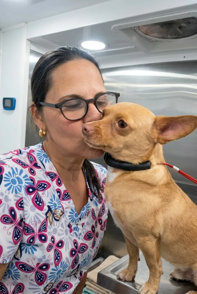 Woman wearing glasses and butterfly-patterned scrubs kissing a small tan dog on a vet exam table.