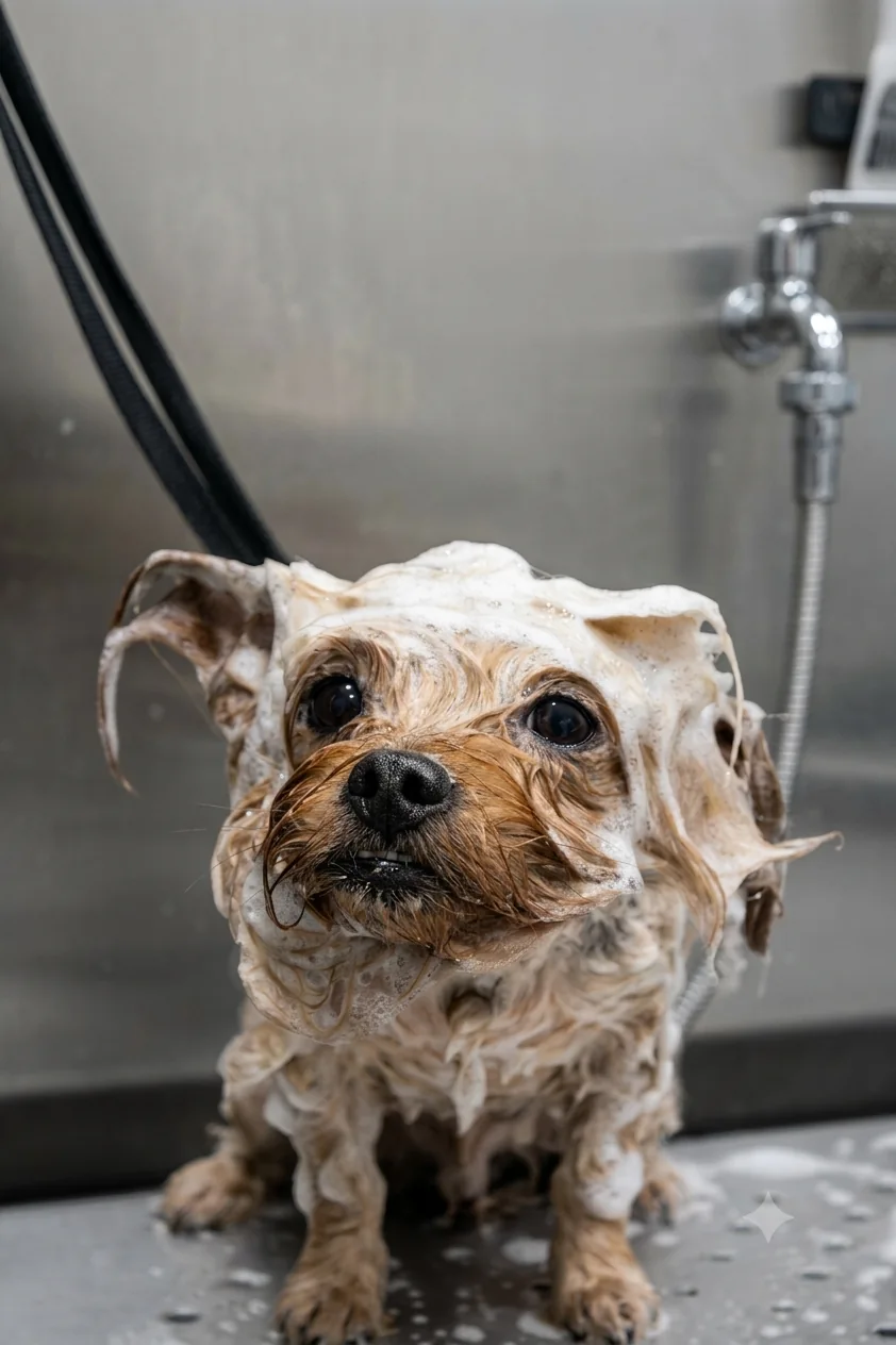 Small dog covered in soap suds during a bath in a stainless steel tub with a shower hose.