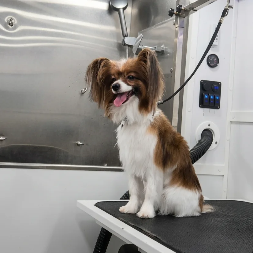 Small brown and white dog with long ears sitting on a grooming table, tongue out