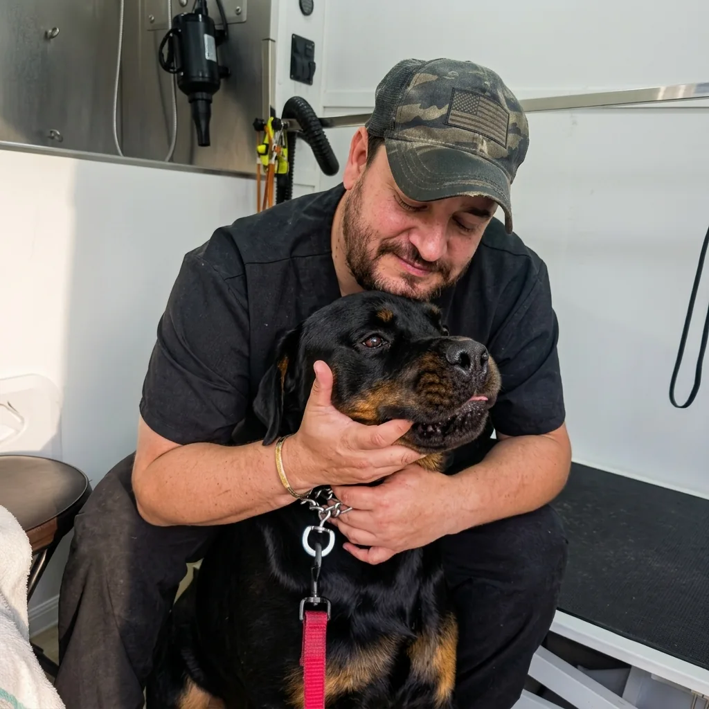 Man wearing camouflage hat gently hugging a large black and brown Rottweiler dog indoors.