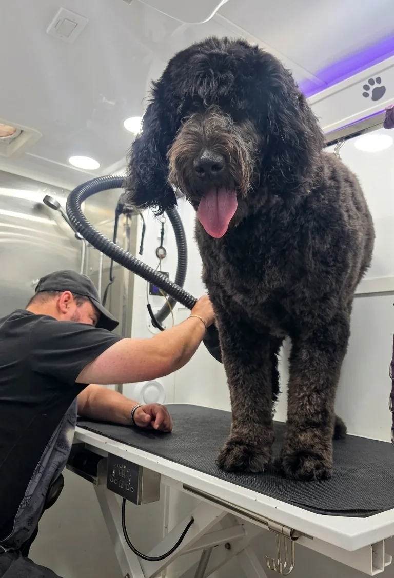 Large black curly-haired dog with tongue out on grooming table while groomer works nearby.