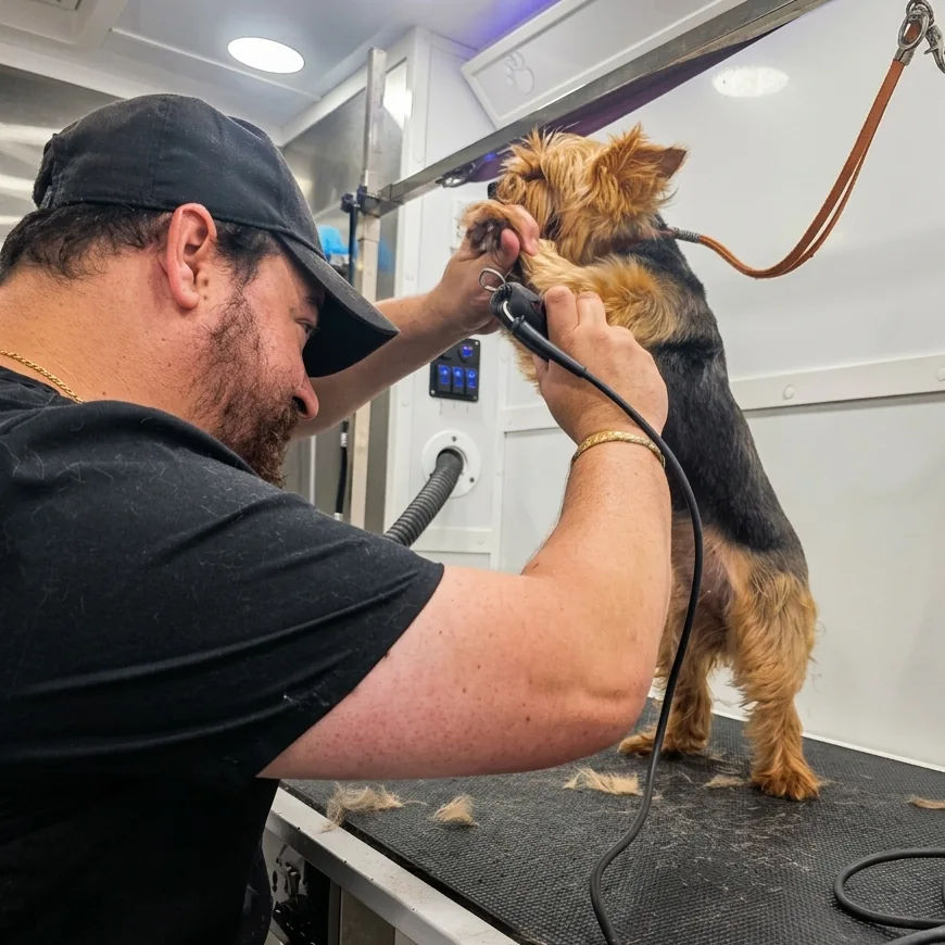 Man grooming a small dog standing on a grooming table inside a grooming salon.