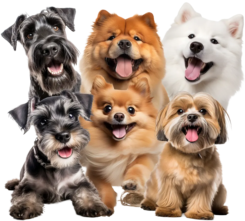 Group of six happy dogs of different breeds with tongues out and bright eyes on a white background.