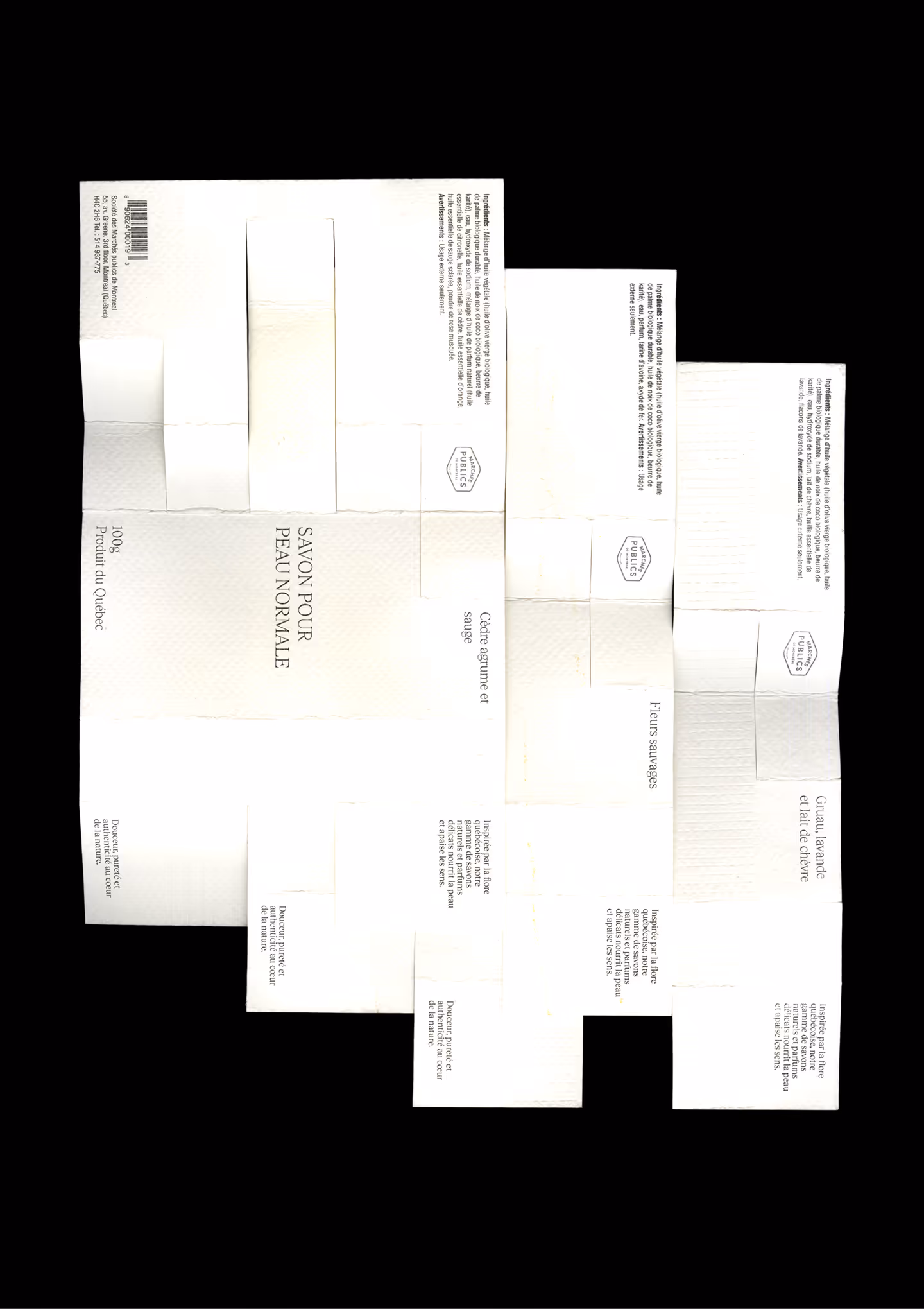 Flat layout of three white soap boxes labeled in French for different scents and normal skin.