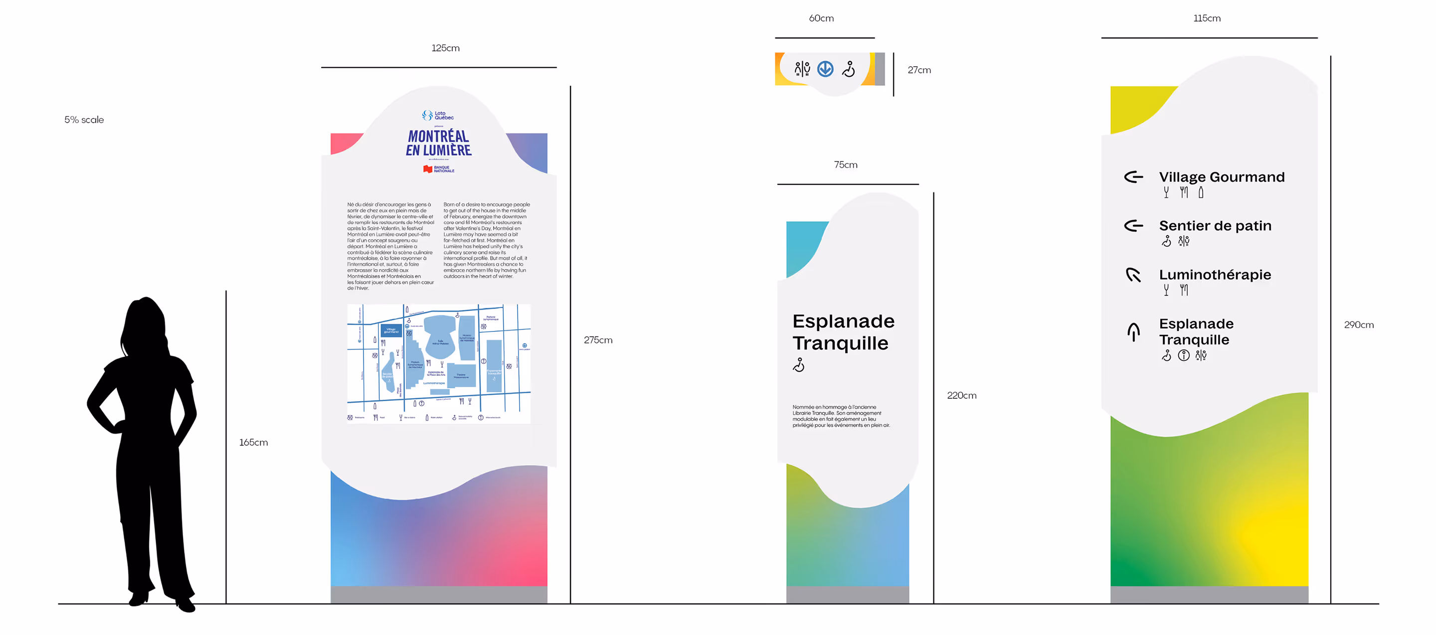 Three tall informational signs with maps, texts, and directional icons for Montréal en Lumière event.