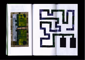 Two-page book spread with a photo collage and a dark maze-like pattern on the right page.