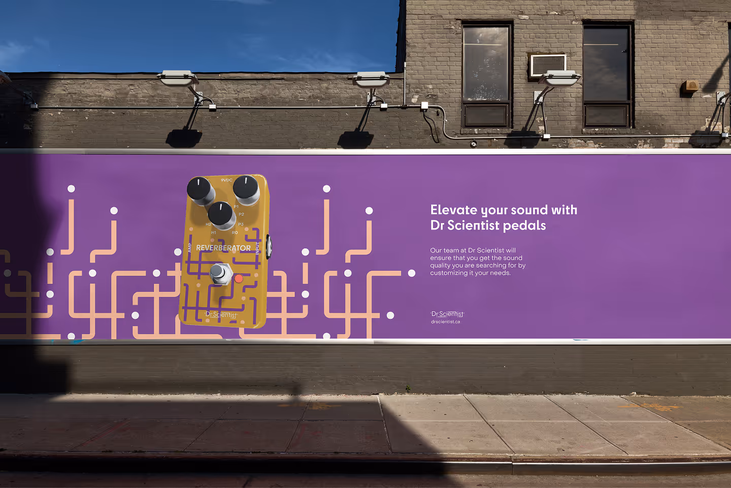 Purple billboard showing a yellow Dr Scientist guitar pedal and text about customizing sound quality.