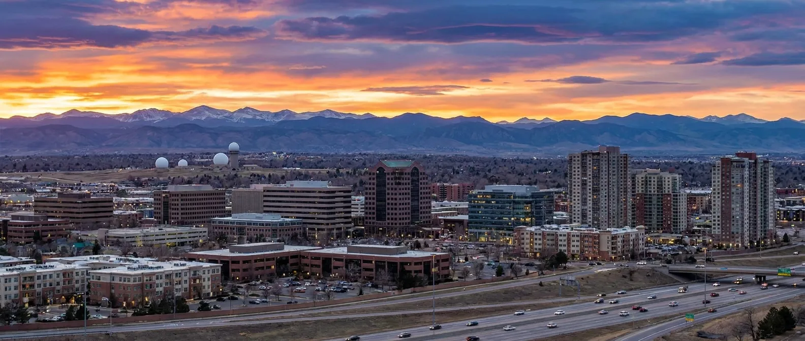 Aurora, Colorado residential neighborhood with the Rocky Mountains on the horizon