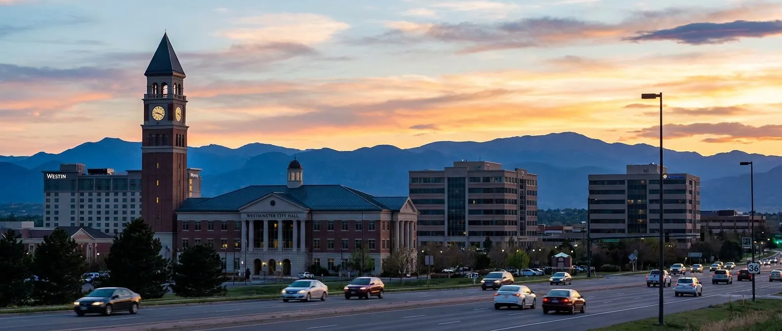 Westminster, Colorado neighborhood with the Front Range foothills in the distance