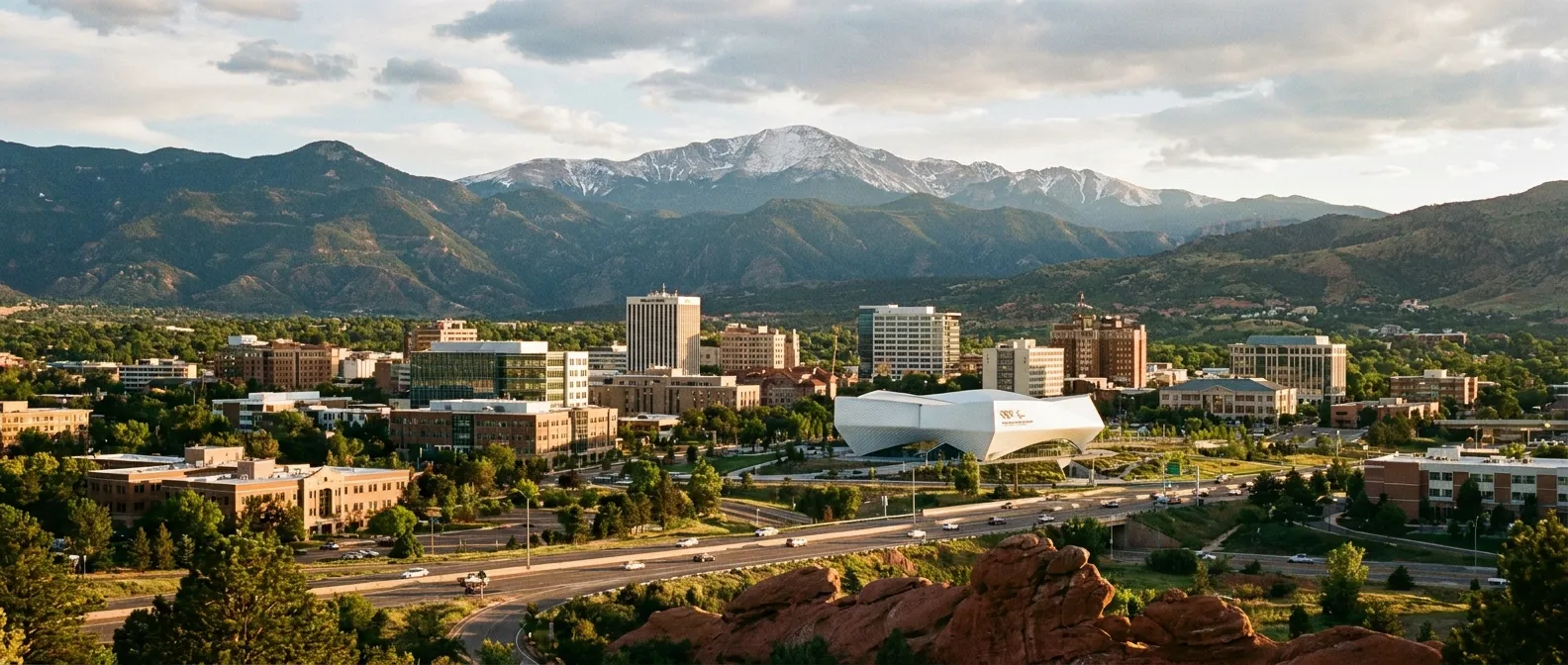 Colorado Springs, Colorado with Pikes Peak rising behind the city