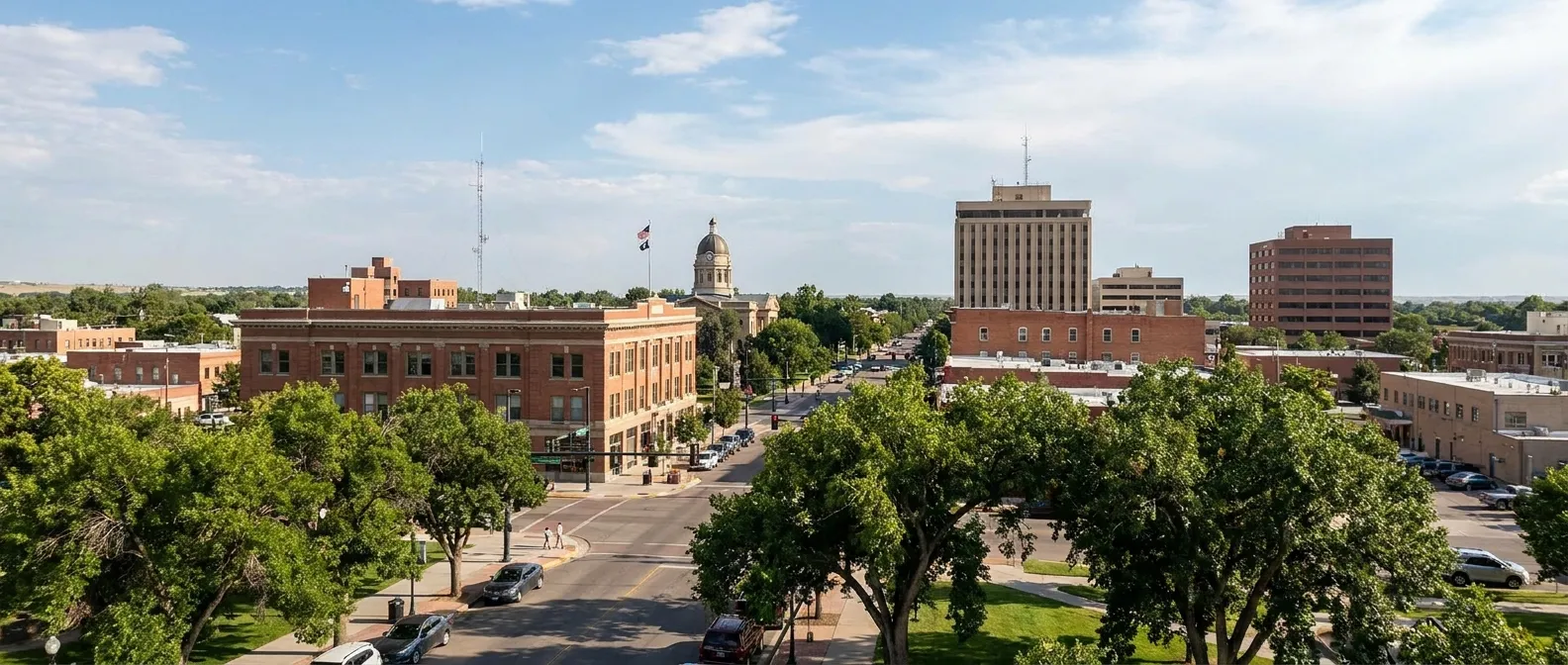Downtown Greeley, Colorado with tree-lined streets in Weld County