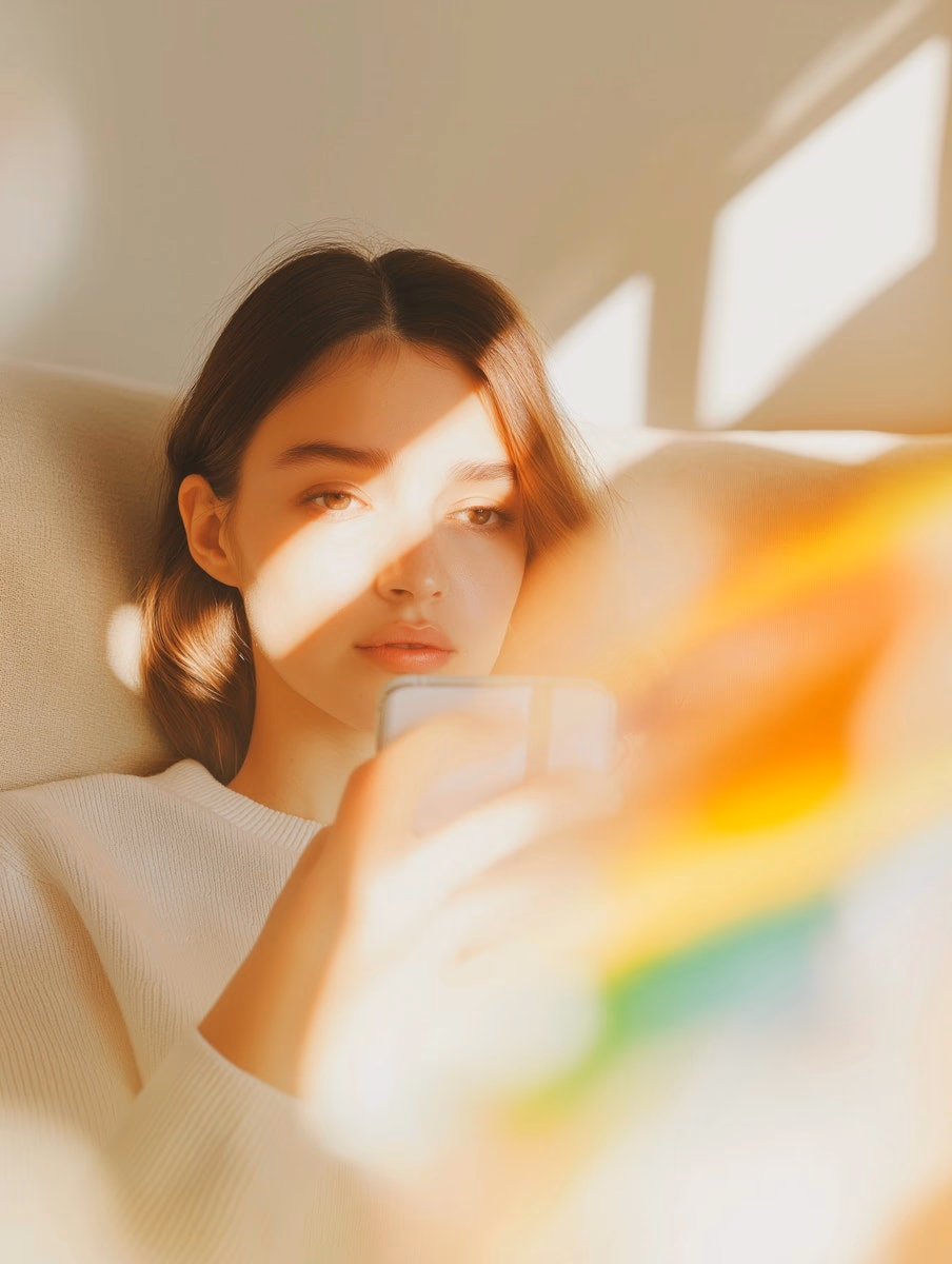 Young woman with brown hair, wearing a white sweater, looking at her smartphone with sunlight casting shadows across her face.