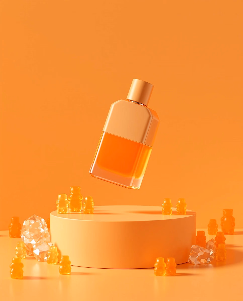 Orange perfume bottle floating above a round pedestal surrounded by small translucent orange gummy bears and crystal-like shapes.