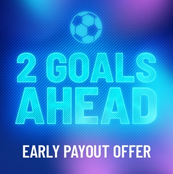 Blue and purple background with a soccer ball icon and text '2 Goals Ahead Early Payout Offer'.
