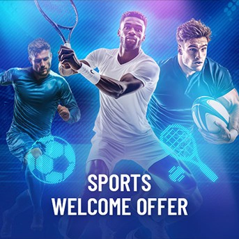 Tennis player, soccer player, and rugby player with text 'Sports Welcome Offer' in blue background.