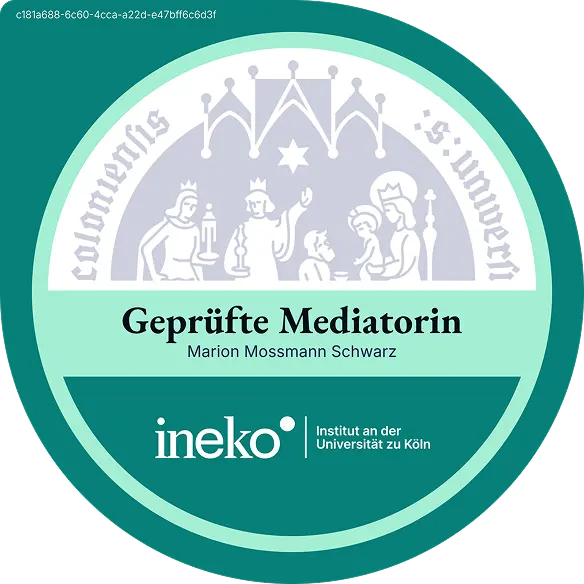 Badge „Geprüfte Mediatorin“ für Marion Mossmann Schwarz vom inekö Institut an der Universität zu Köln.